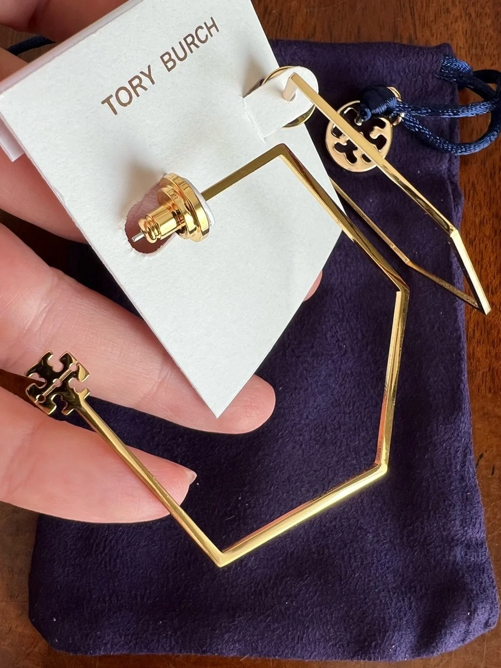 Tory Burch Geometric Gold Logo Hexagon Hoop Earrings